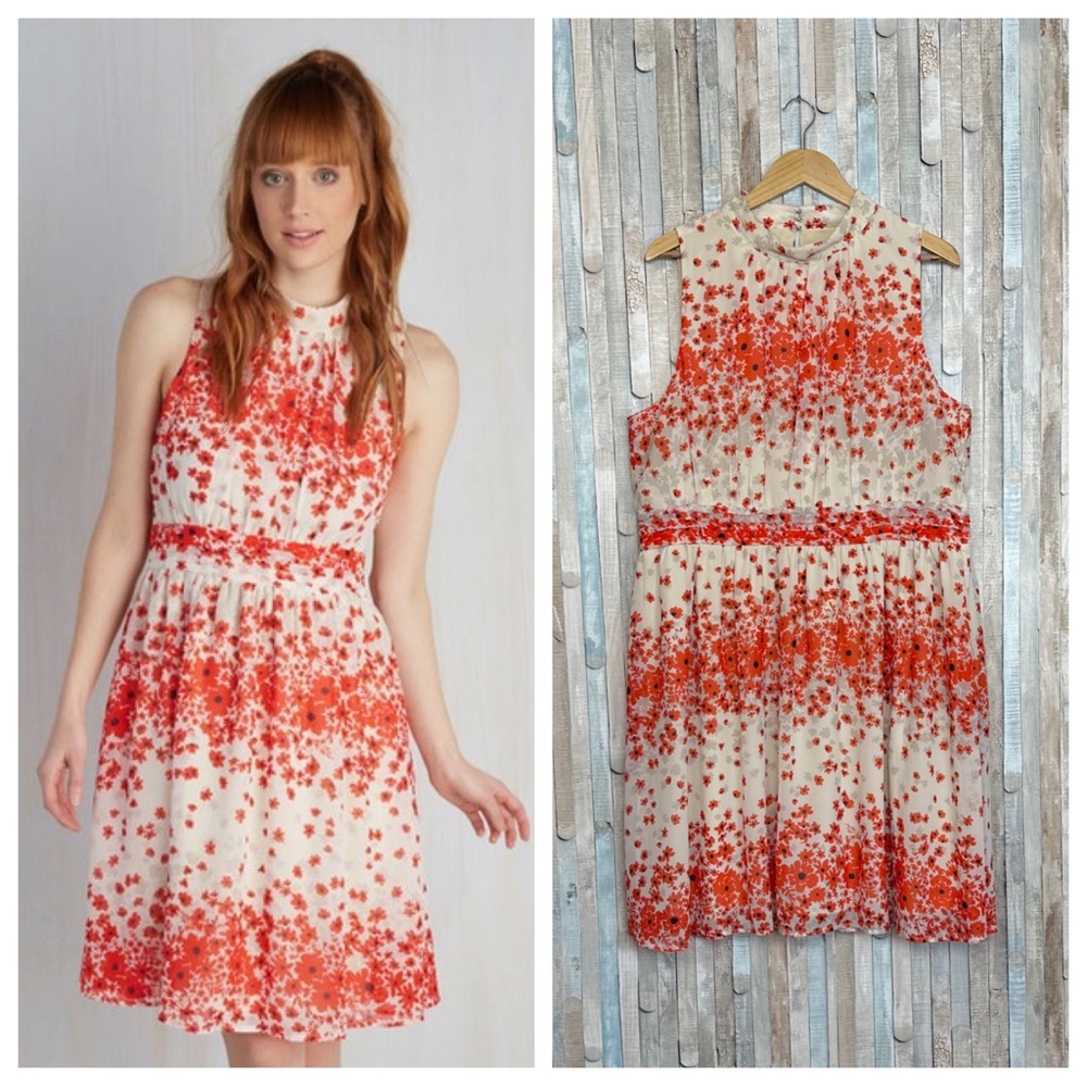ModCloth 2X Fervour Floral Print Mini Dress Paprika Bouquet Highβ Neck Retro